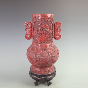 RARE RED CARVED LACQUER MADE DRAGON CARVING VASE