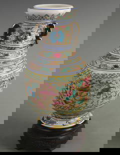 FAMILLE ROSE DOUBLE-EARED VASE WITH FLORAL DESIGN: Qing Dynasty Qian Long Period; High: 9.50 inch; Width: 5.00 inch