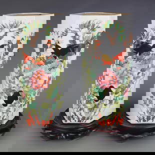 PAIR OF FAMILLE ROSE HEXAGONAL FLOWER AND BIRD PATTERN HAT STAND: Republic Period; Width: 5.2 inch; High: 11.2 inch