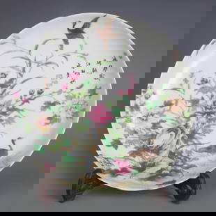 FAMILLE ROSE FLOWER AND BIRD PATTERN PORCELAIN PLATE: Qing Dynasty Qian Long Period; Diameter: 8.2 inch