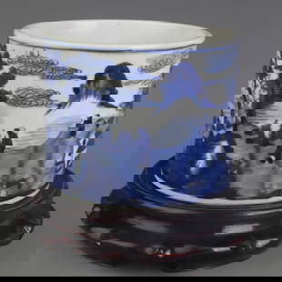 BLUE AND WHITE LANDSCAPE AND FIGURE BRUSH POT: Qing Dynasty Kang Xi Period; Diameter: 7.6 inch; High: 6.1 inch