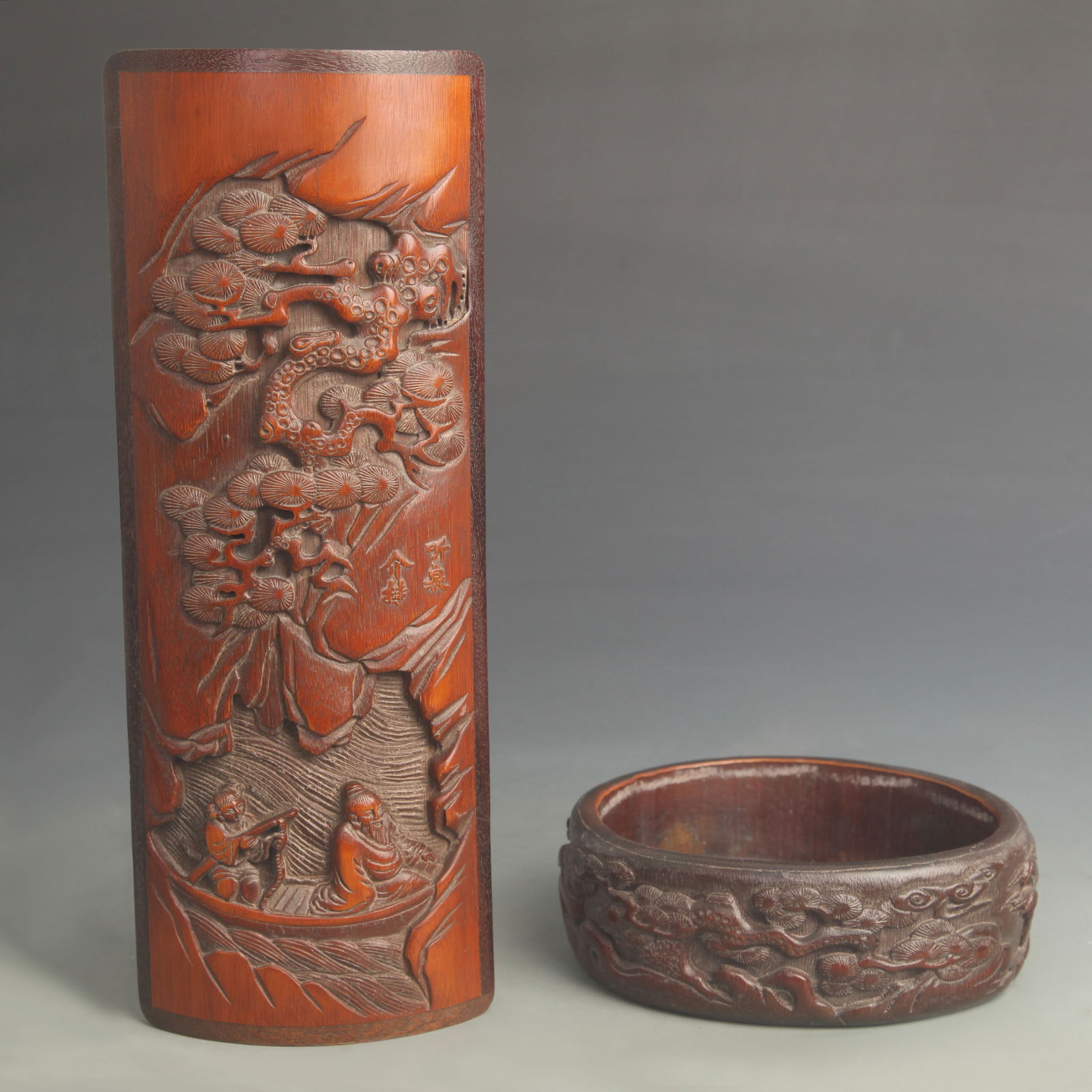 A SET OF BAMBOO MADE ARM SUPPORT AND WATER JAR: 20th Century, Long: 11.0 inch; Width: 4.00 inch; High: 2.00 inch; Width: 5.50 inch;