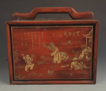 RARE GILT LACQUERED CHILDREN PLAYING WOODEN BOOKCASE: Qing Dynasty, High: 9.0 inch; Width: 6.0 inch; Long: 11.75 inch;