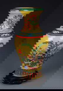 FAMILLE ROSE YELLOW GROUND FLOWER PATTERN PORCELAIN VASE: Qing Dynasty; High: 16.5 inch; Diameter: 4.0 inch;