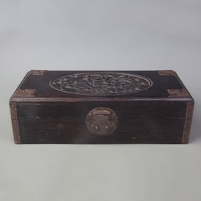 SANDALWOOD CARVED BOX WITH SEA AND DRAGON MOTIF