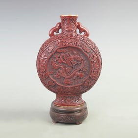 RARE DRAGON CARVED CHINESE LACQUER MADE MOON STYLE VASE