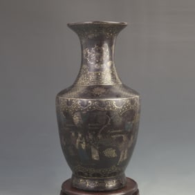 LACQUER PAINTED COURTYARD FIGURE STORY-PATTERNED WOODEN APPRECIATION VASE
