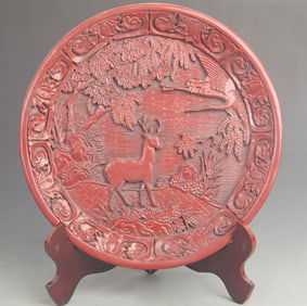 CARVED RED LACQUER PLATE CARVING WITH CRANE AND DEER MOTIF