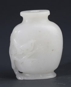 WHITE JADE SNUFF BOTTLE WITH FLORAL AND POETIC CARVINGS