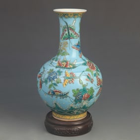 POWDER BLUE GROUND FAMILLE ROSE BIRD PATTERN PORCELAIN VASE