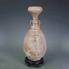 WHITE GLAZED DOUBLE-HANDLED POTTERY VASE WITH FLARED RIM