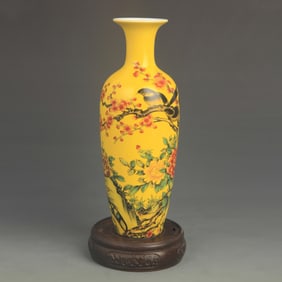CLOISONNE ENAMEL YELLOW-GROUND FLOWER AND BIRD PORCELAIN VASE