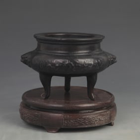 BAMBOO ROOT CARVED TRIPOD INCENSE BURNER WITH LANDSCAPE DESIGN