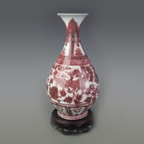 UNDERGLAZE RED FLORAL AND PHOENIX PATTERN YU HU CHUN PORCELAIN VASE