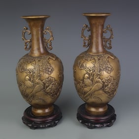 PAIR OF BRONZE DOUBLE-EAR BIRD AND FLOWER PATTERN VASES