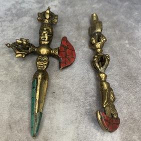 GROUP OF TWO CLOISONNE ENAMEL BRONZE TIBETAN OBJECT