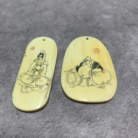 QING DYNASTY OX HORN MINIATURE CARVINGS OF GUANYIN AND MAITREYA