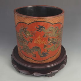 DOUBLE DRAGON PLAYING PEARL PATTERN WOOD BRUSH POT