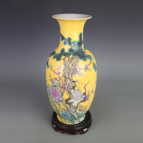 FAMILLE ROSE YELLOW GROUND FLOWER AND BIRD PORCELAIN VASE