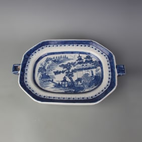 BLUE AND WHITE LANDSCAPE AND FIGURE PATTERN DOUBLE-LAYER PORCELAIN PLATE