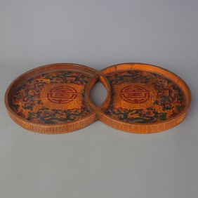 LACQUERED DOUBLE DRAGON PAINTED ROUND WOODEN PLATES