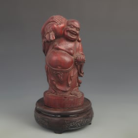 RED SANDALWOOD CARVED STATUE OF THE MONK BUDAI