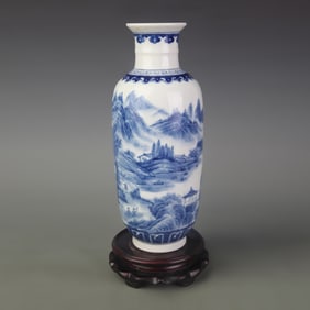 BLUE-AND-WHITE LANDSCAPE LANTERN-SHAPED PORCELAIN VASE