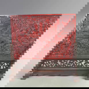 RARE RED CARVED LACQUER FLOWER AND BIRD PATTERN TABLE SCREEN: Qing Dynasty, High: 15.5 inch; Width: 0.2 inch; Long: 14.8 inch;
