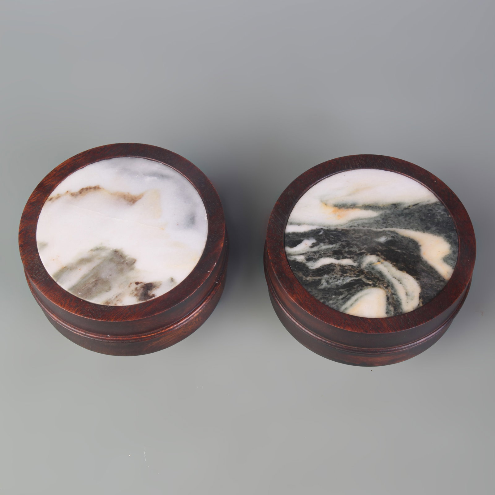 PAIR OF REDWOOD AND MARBLE INCENSE BURNER BASES: Qing Dynasty; Diameter: 4.8 inch; High: 2.0 inch