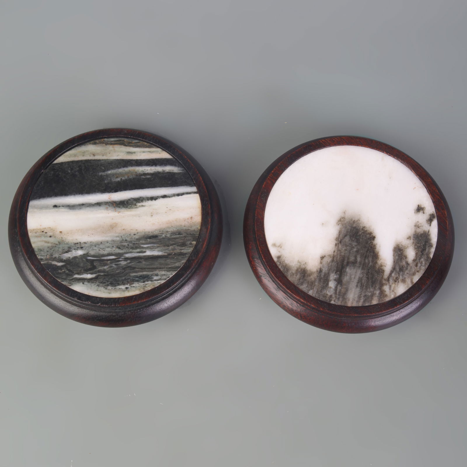 PAIR OF REDWOOD AND MARBLE INCENSE BURNER BASES: Qing Dynasty; Diameter: 4.8 inch; High: 1.0 inch