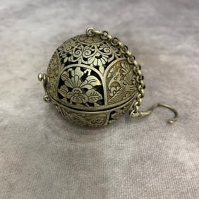 A FINE WHITE BRONZE ROUND INCENSER BURNER PENDANT