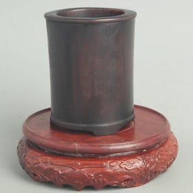 ZITAN CARVED LANDSCAPE FIGURE-PATTERN BRUSH POT