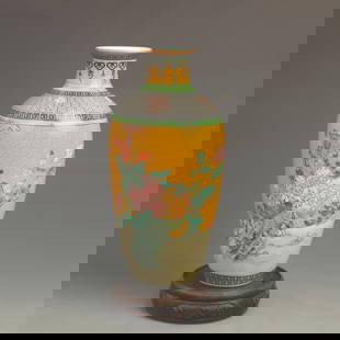 CLOISONNE ENAMEL YELLOW GROUND VASE WITH FLOWER AND BIRD PATTERNS: Qing Dynasty Yongzheng Period; High: 8.60 inch; Diameter: 3.80 inch;