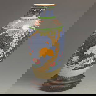 CLOISONNE COLOR BLUE GROUND FLOWER AND BIRD PATTERN PORCELAIN VASE: Qing Dynasty Yong Zheng Period; High: 8.80 inch Diameter: 3.80 inch