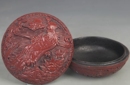RED CARVED LACQUER FLOWER PATTERN BOX WITH COVER