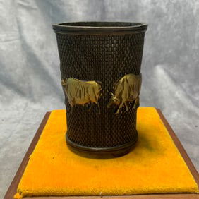 QIAN LONG MARK BRONZE PEN HOLDER WITH FOUR OXEN