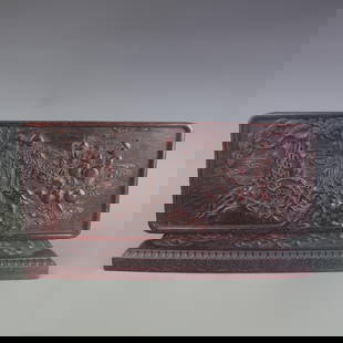 RED SANDALWOOD CARVED "FAMILY HARMONY BRINGS PROSPERITY" TABLE SCREEN: Qing Dynasty, Long: 4.0 inch High: 7.5 inch