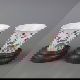PAIR OF FAMILLE ROSE BIRD PATTERN PORCELAIN CUPS: Qing Dynasty Guang Xu Period; Diameter: 2.9 inch; High: 2.4 inch