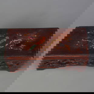 A FINE REDWOOD INLAID WITH SHELL INK STONE STAND: Modern; Long: 7.9 inch; Width: 3.3 inch; High: 3.1 inch