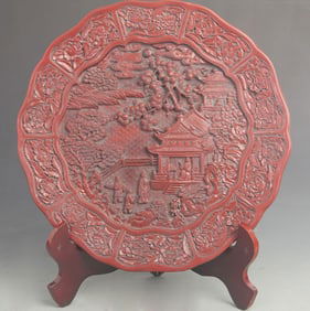 CARVED RED LACQUER TRAY WITH A DESIGN OF STORY PATTERN