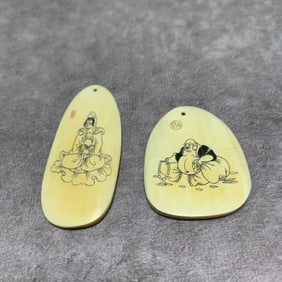 QING DYNASTY OX HORN MINIATURE CARVINGS OF GUANYIN AND MAITREYA