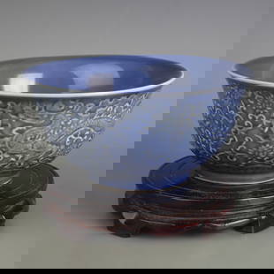 BLUE GLAZE DRAGON PATTERN PORCELAIN BOWL: Ming Dynasty Xuan De Style;Diameter: 8.2 inch; High: 3.9 inch