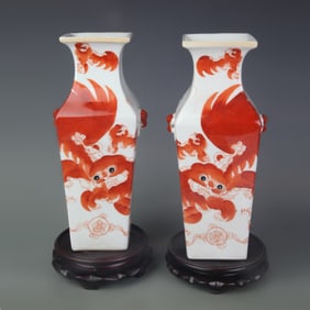 FAMILLE ROSE AUSPICIOUS BEAST FOUR-SIDED PORCELAIN VASE