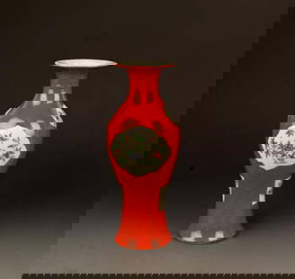 A FINE RED GROUND FAMILLE ROSE PATTERN PORCELAIN GUANYIN VASE: Republic Period; Diameter: High: 10.5 inch; Width: 3.5 inch;