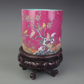 FAMILLE ROSE BIRD PATTERN PORCELAIN BRUSH POT