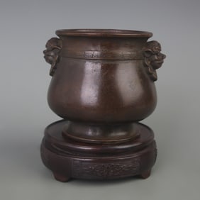 BRONZE INCENSE BURNER WITH ANIMAL EAR HANDLES AND ROUND FEET