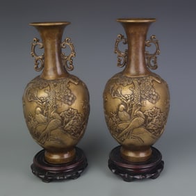 PAIR OF BRONZE DOUBLE-EAR BIRD AND FLOWER PATTERN VASES