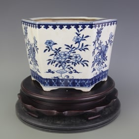 BLUE AND WHITE HEXAGONAL FLOWERPOT WITH FLORAL PATTERNS