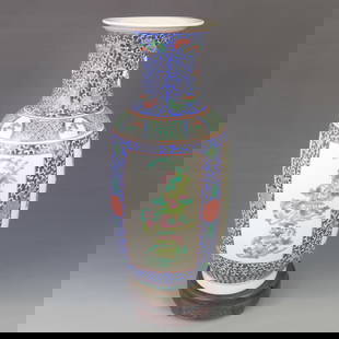 BLUE GROUND FLOWER AND BIRD PATTERN LARGE PORCELAIN VASE: Qing Dynasty Kang Xi Period; High: 17.5 inch; Diameter: 7.50 inch