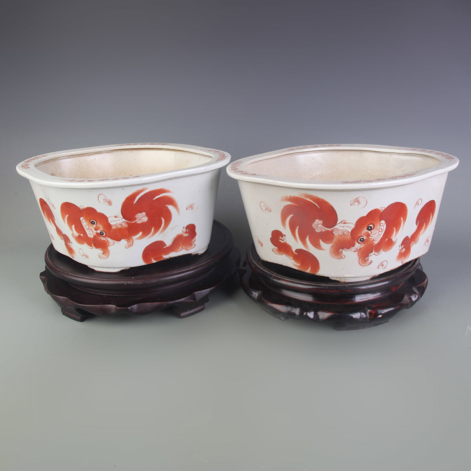 PAIR OF FAMILLE ROSE TAI SHI SHAO BAO PATTERN PORCELAIN FLOWER POTS: Republic Period; Long: 11.3 inch; H:5.0 inch